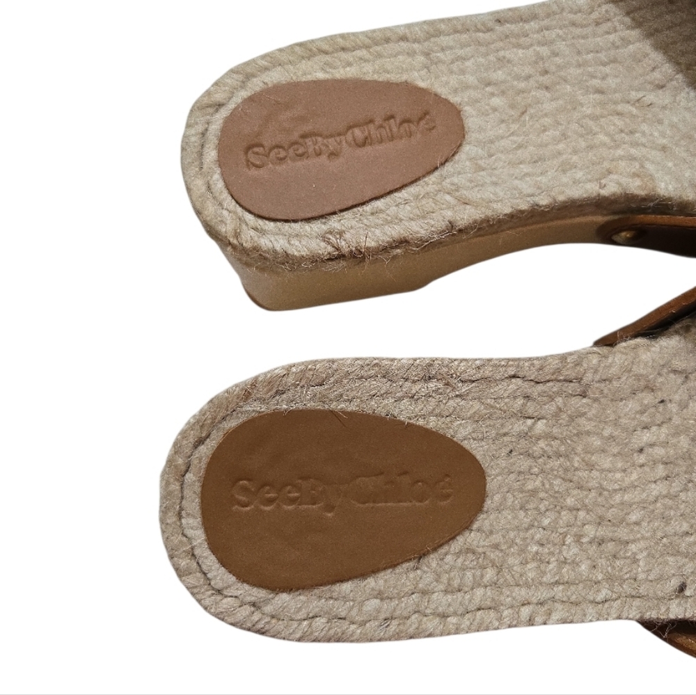 See By Chloe Viviane Leather Jute Wood Platform Sandals Open Toe Clog Cedar 37 7 - Picture 6 of 12